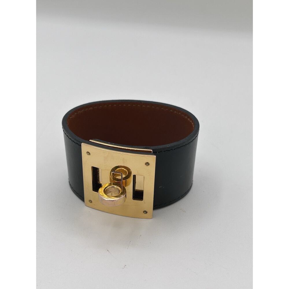 Authentic Hermes Kelly Bangle Bracelet Black Leather Gold Metal Accessory France - Picture 2 of 8